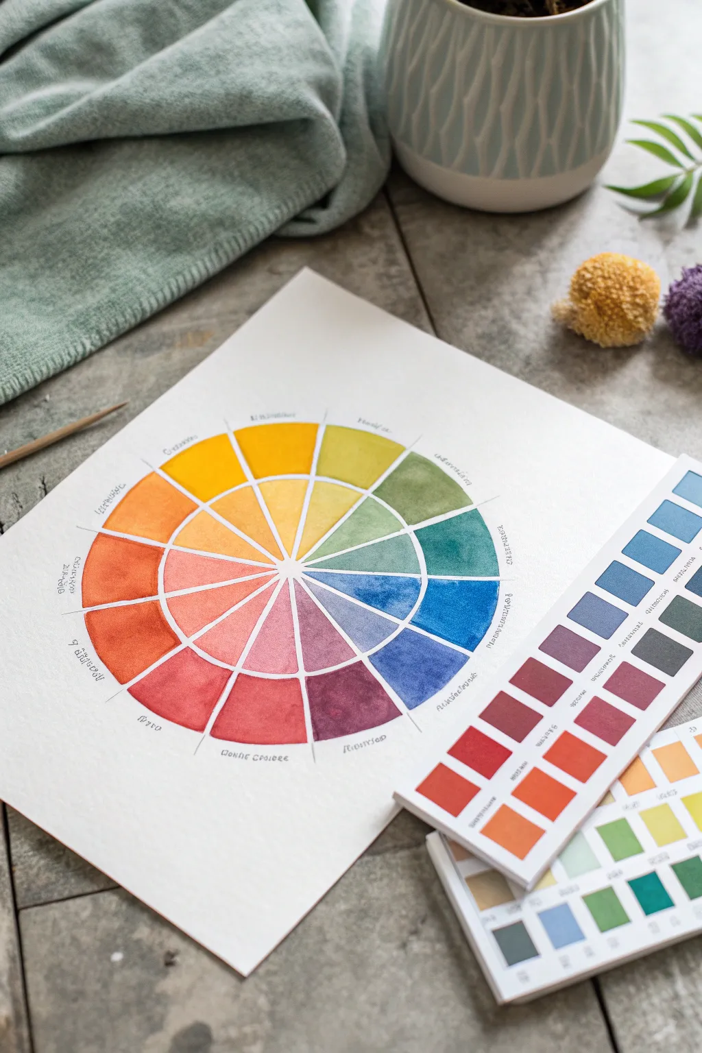 Minimal complementary color wheel with bold cross-pair lines and a pop-contrast swatch duo.