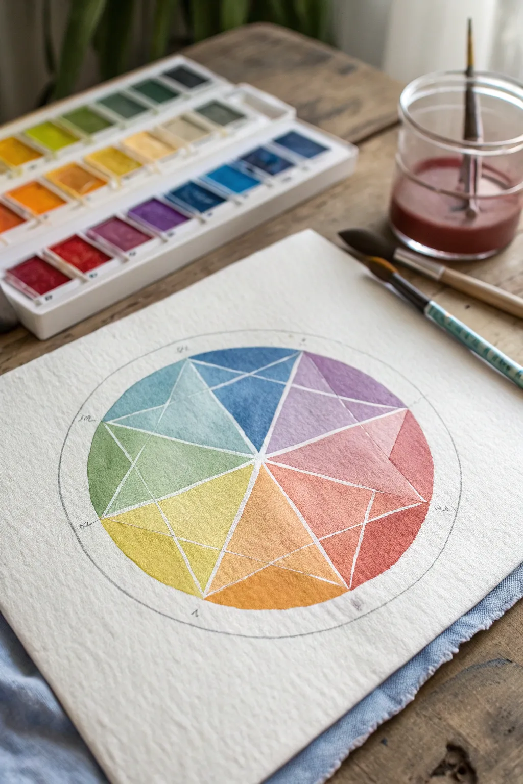 Muted color wheel with three translucent hero triangles highlighting a bold triadic palette