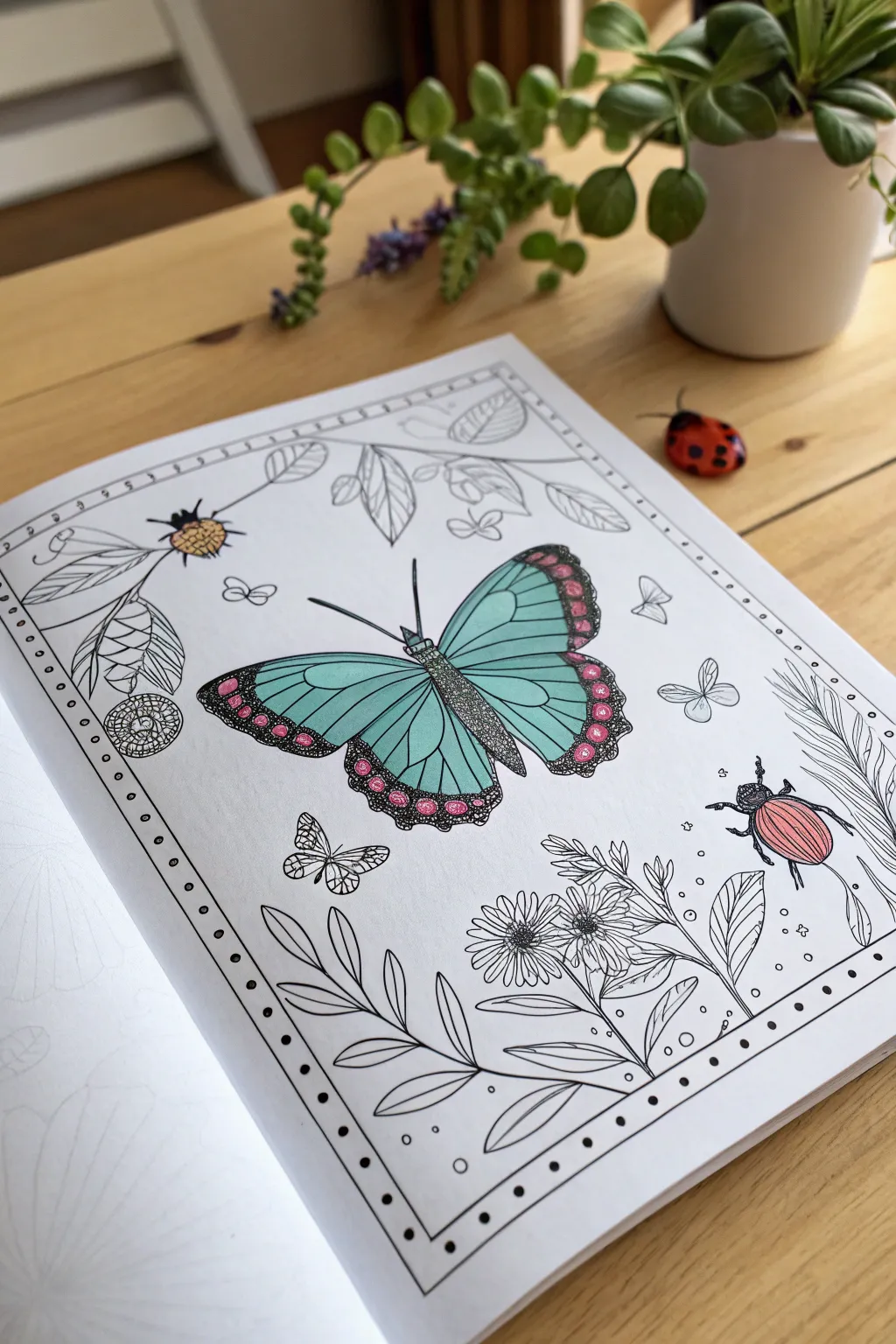 Teal-to-violet butterfly wings and dotted ladybugs for charming, minimalist garden coloring.