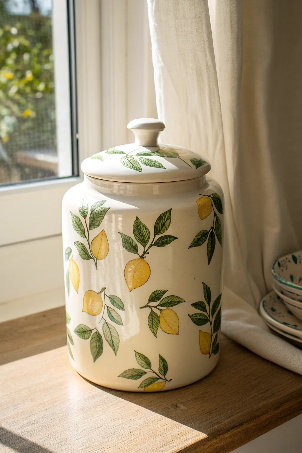Lemon-painted cookie jar in soft sun, minimalist cream tones and fresh citrus charm.