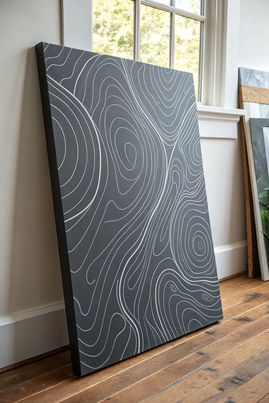 Monochrome topographic canvas with crisp white contour lines for a sleek modern vibe
