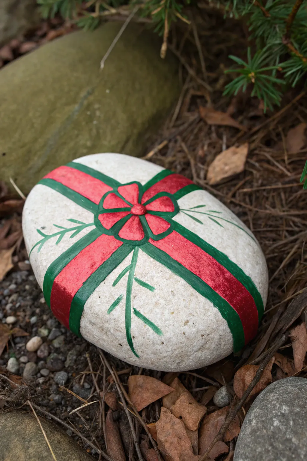 Wrapped present rock with crisp red-green ribbons and a big bow for chic minimalist Christmas decor