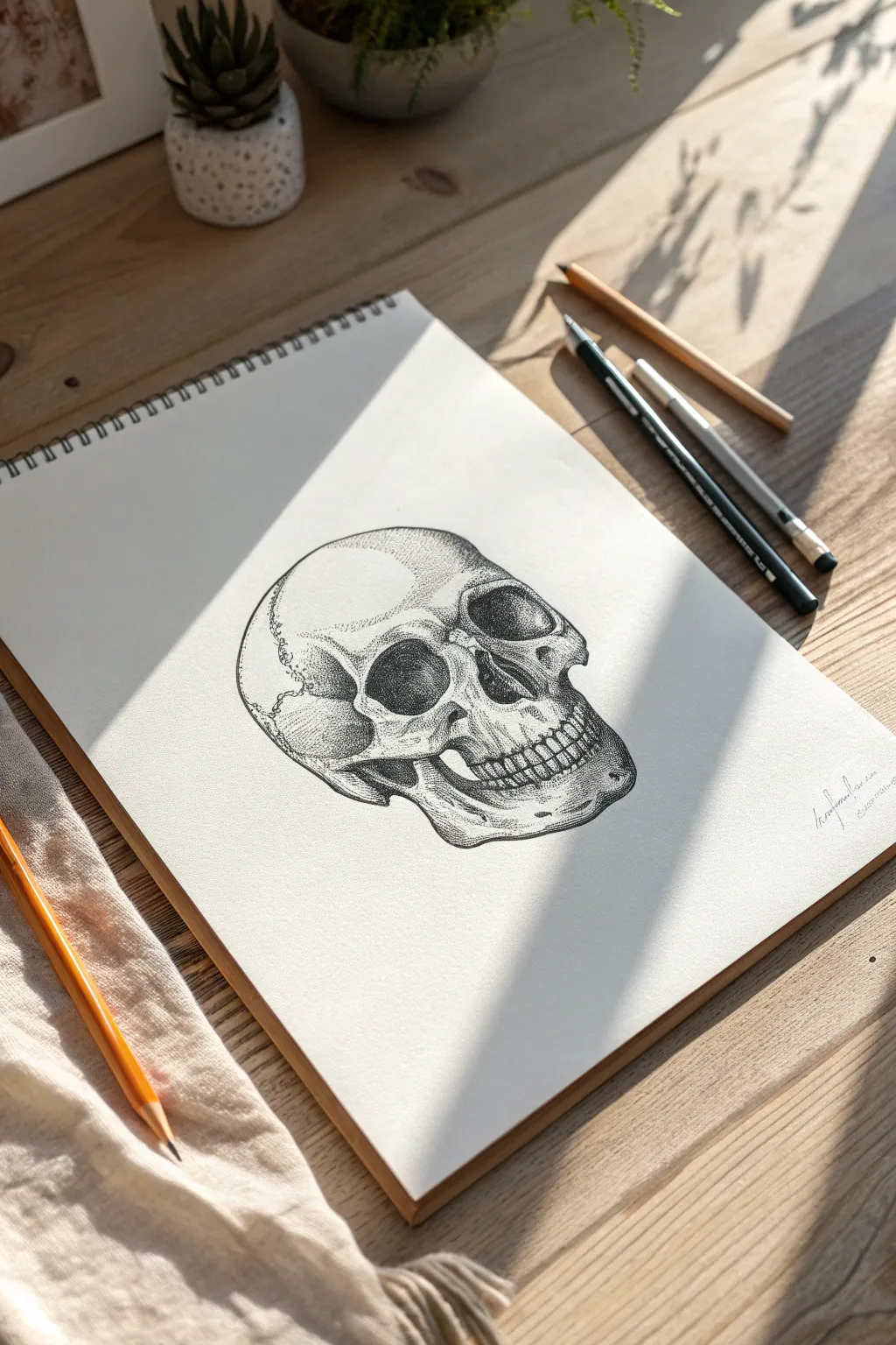 Punchy cross-hatched skull sketch with deep shadows, minimalist Nordic vibes for bold drawing ideas.