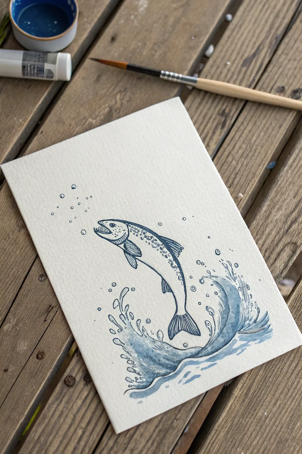 Jumping fish splash pose in minimal ink and watercolor, perfect for a dynamic drawing study