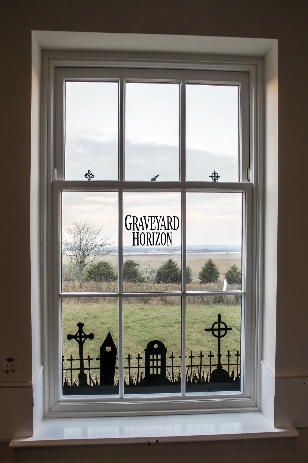 Panoramic graveyard horizon window paint for Halloween, minimalist silhouettes across panes.
