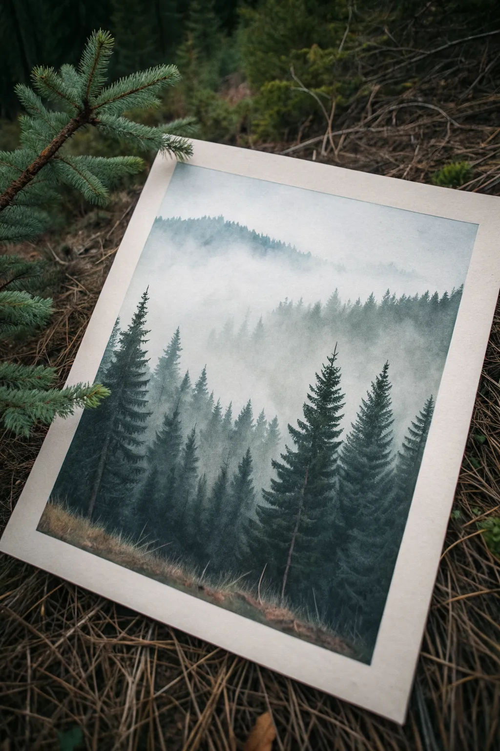 Moody pine silhouettes fading into fog, a calming oil pastel forest for minimalist moods.