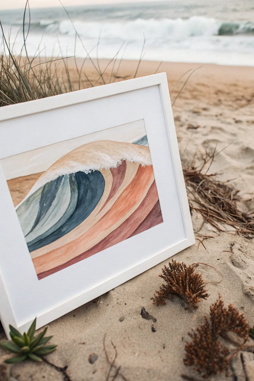 Abstract wave painting with crisp taped lines and a calm boho palette for modern walls.