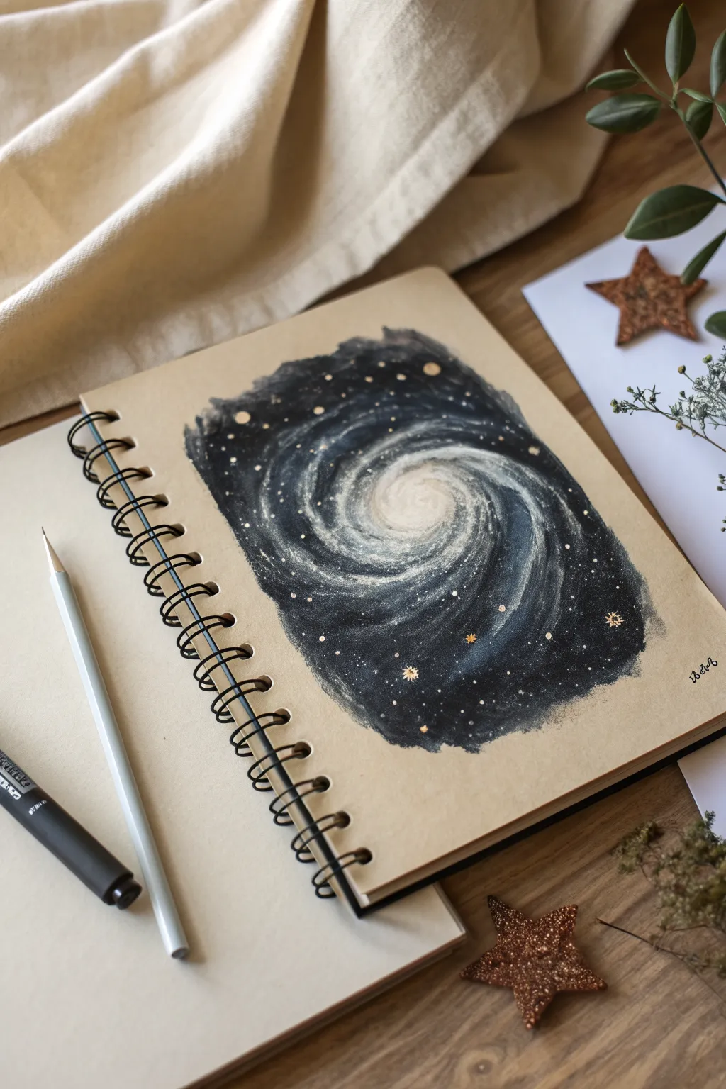 Swirly spiral galaxy centerpiece with stippled stars, bright core, and airy minimalist space