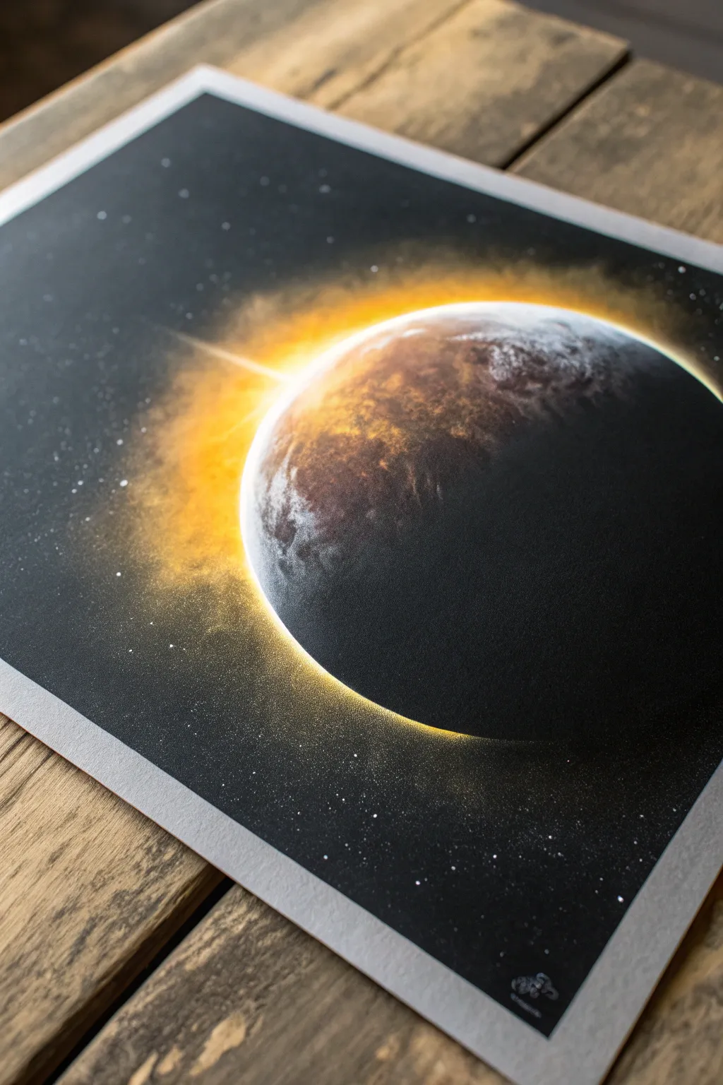 Sunrise rim light on a spray-painted planet, minimalist glow with dreamy halo in high contrast.