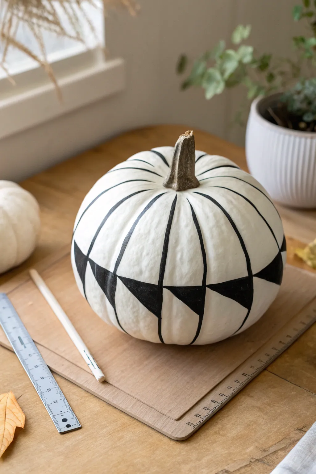 Modern white pumpkin with bold black geometric triangles and subtle sketch lines, clean and minimal.