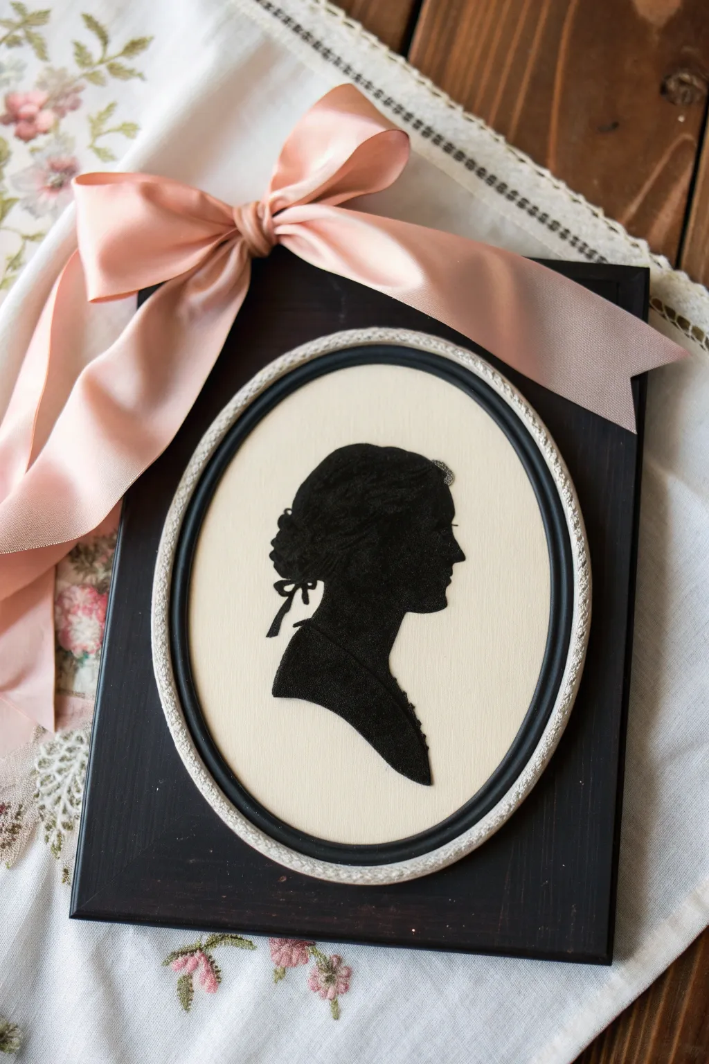 Coquette cameo silhouette with a tiny ribbon bow, soft blush background, and elegant shading.