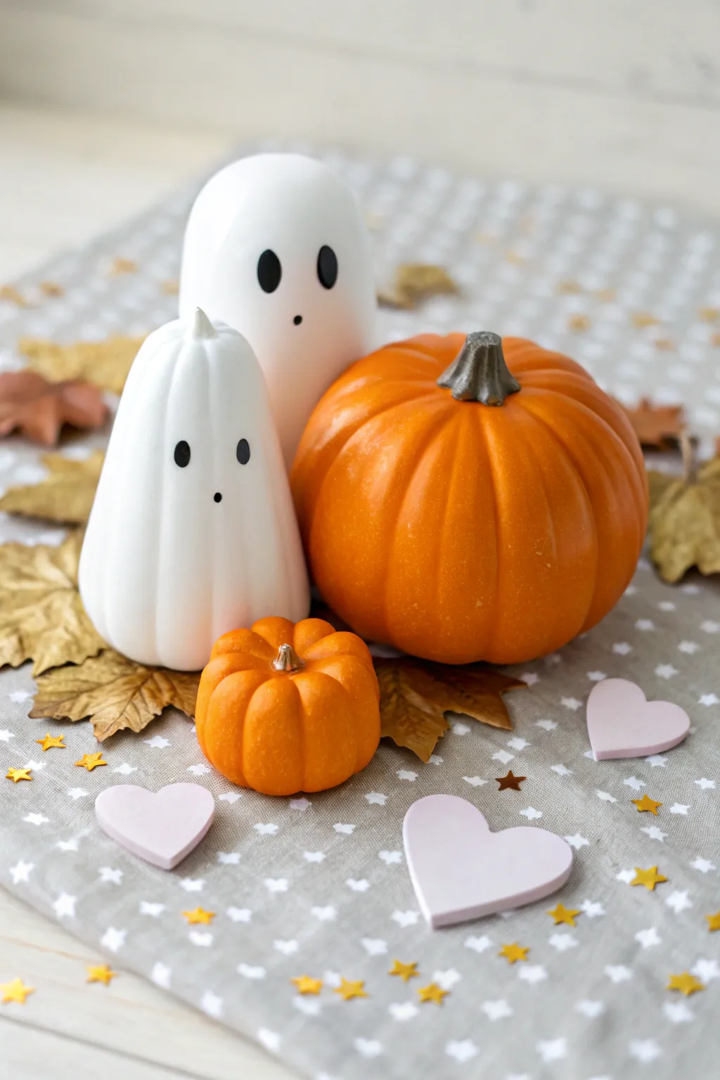 Ghost couple pumpkins holding hands, minimalist boho Halloween painting idea with stars and hearts