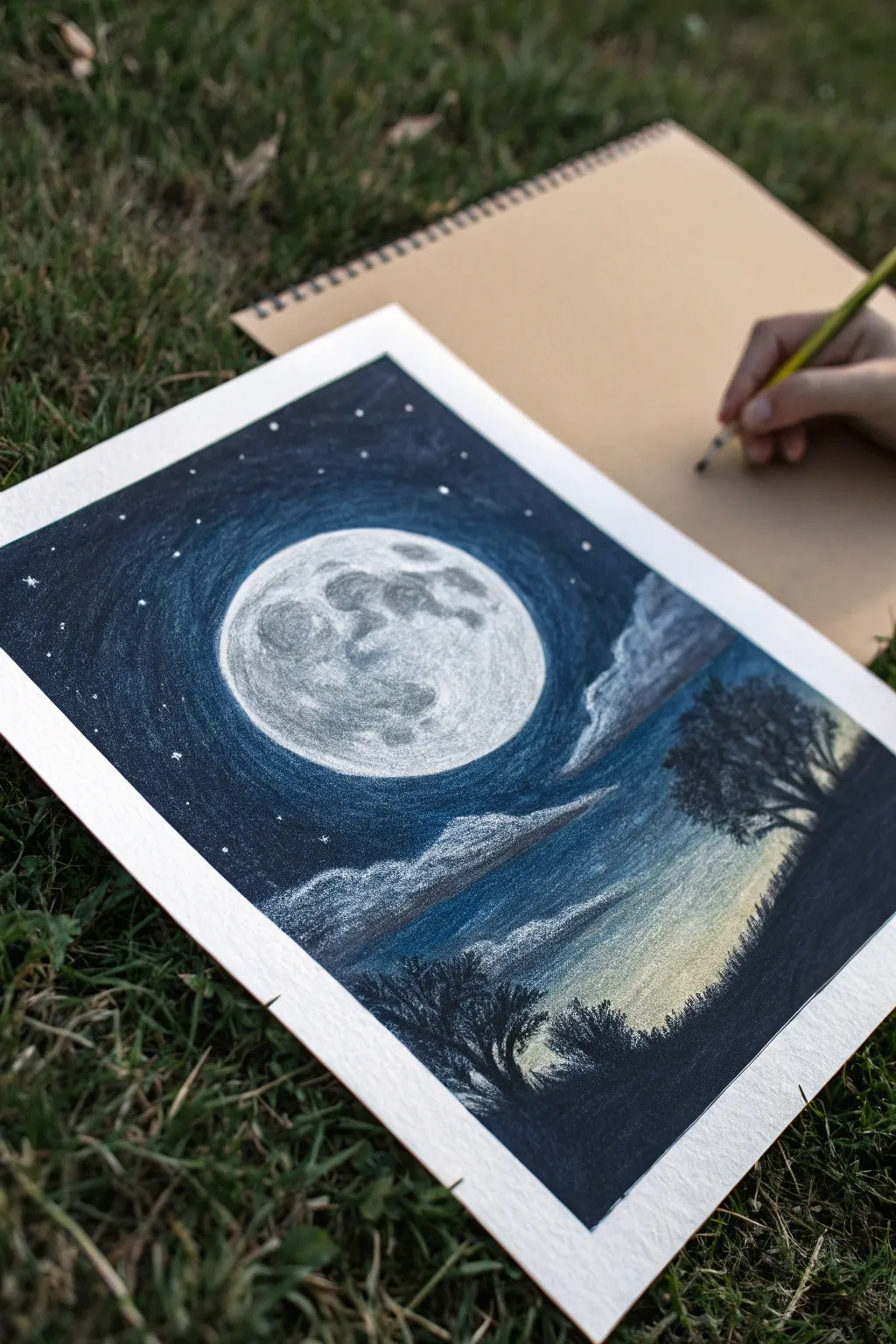 Crayon night sky with glowing moon halo and visible wax bloom sheen in minimalist Scandinavian style.