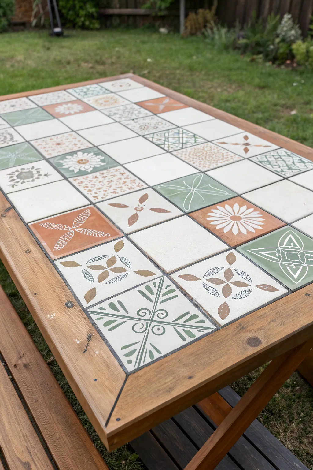 Hand-painted faux tile tabletop squares in soft neutrals for an easy Scandinavian boho patio look