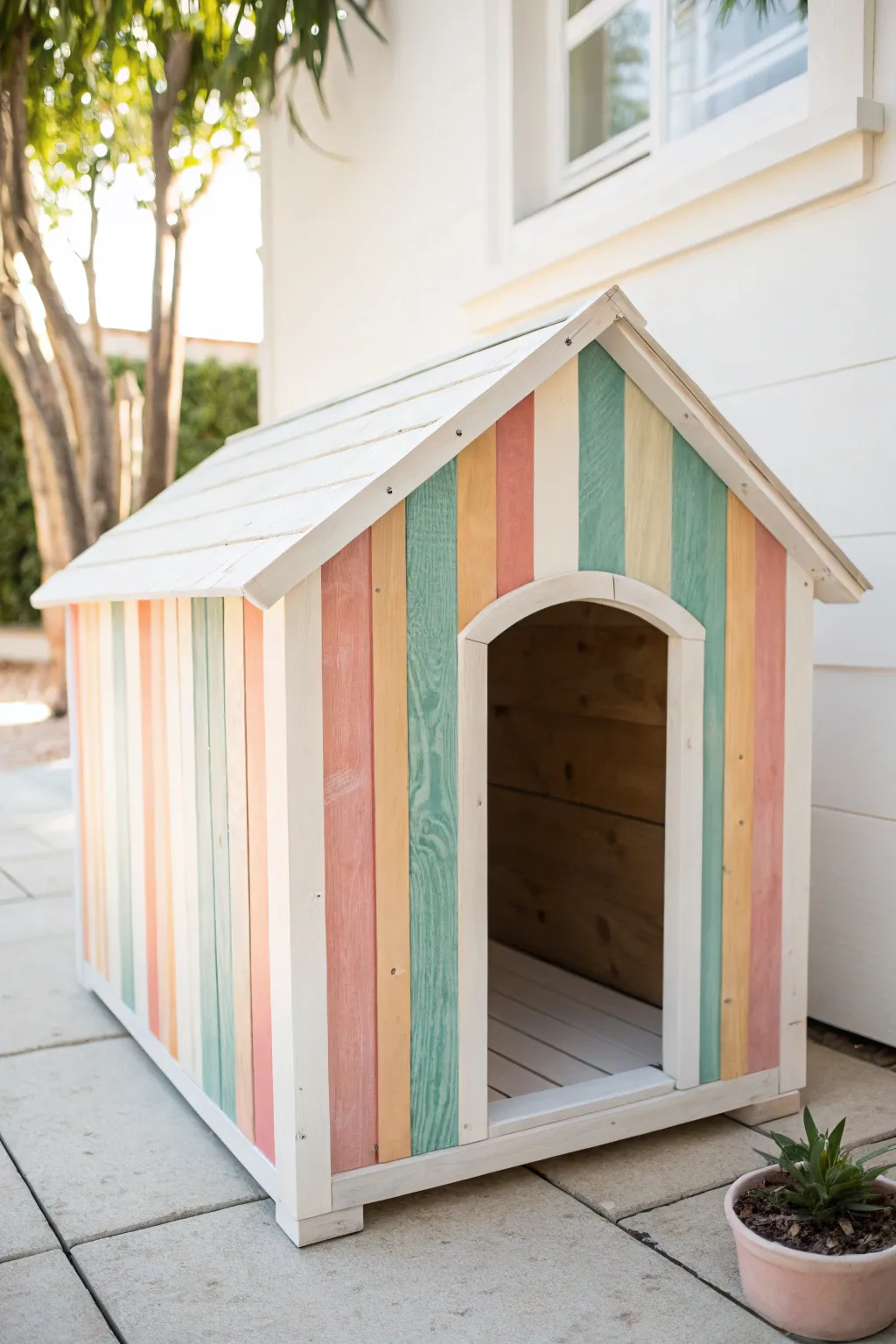Punchy rainbow stripes and a crisp doorway outline for a bold, playful dog house makeover