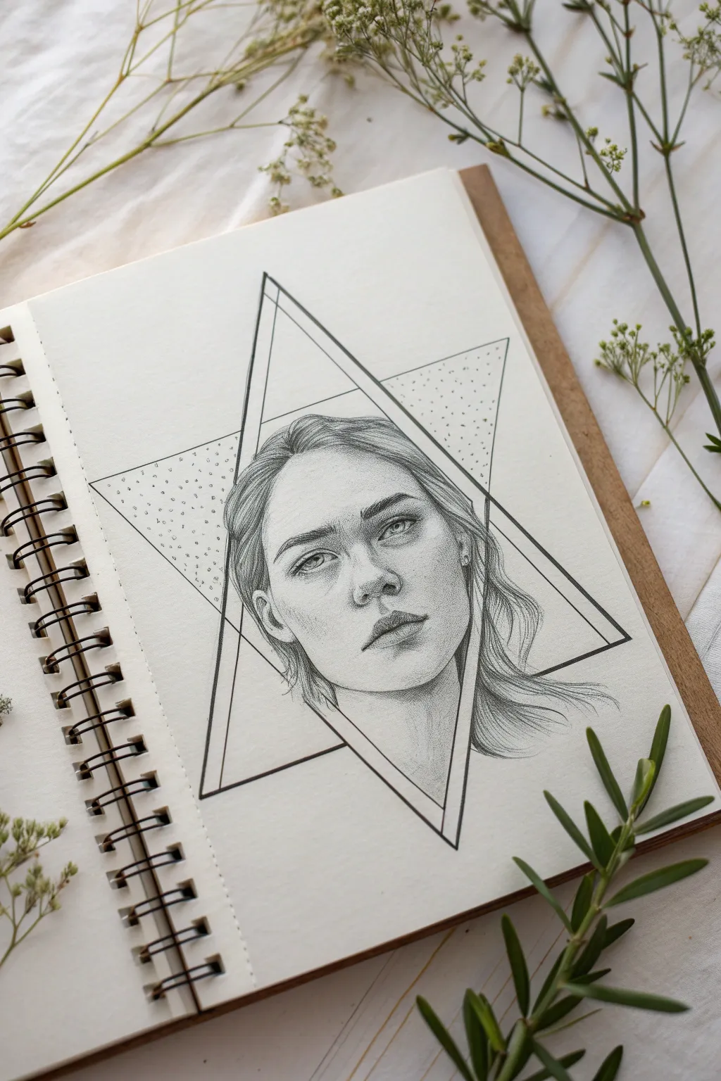 Geometric frame portrait: a face cropped in a clean triangle with botanicals breaking the edges
