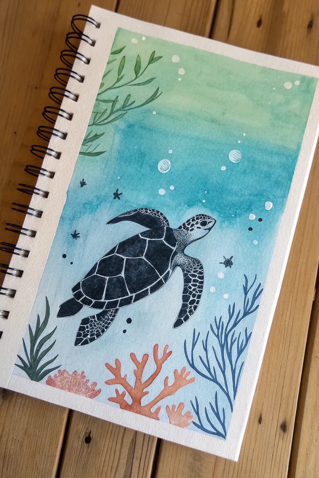 Easy underwater sea turtle drawing with bold outlines and layered blues for kids to copy