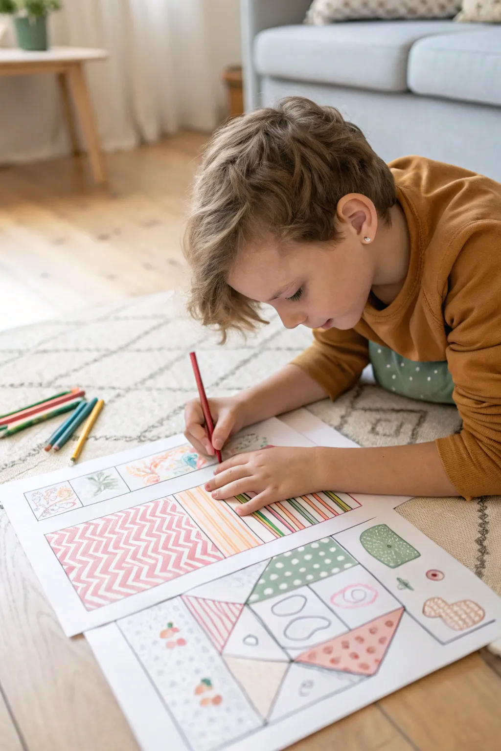 Dream house cutaway with patterned rooms, perfect kid friendly drawing inspiration in calm boho style