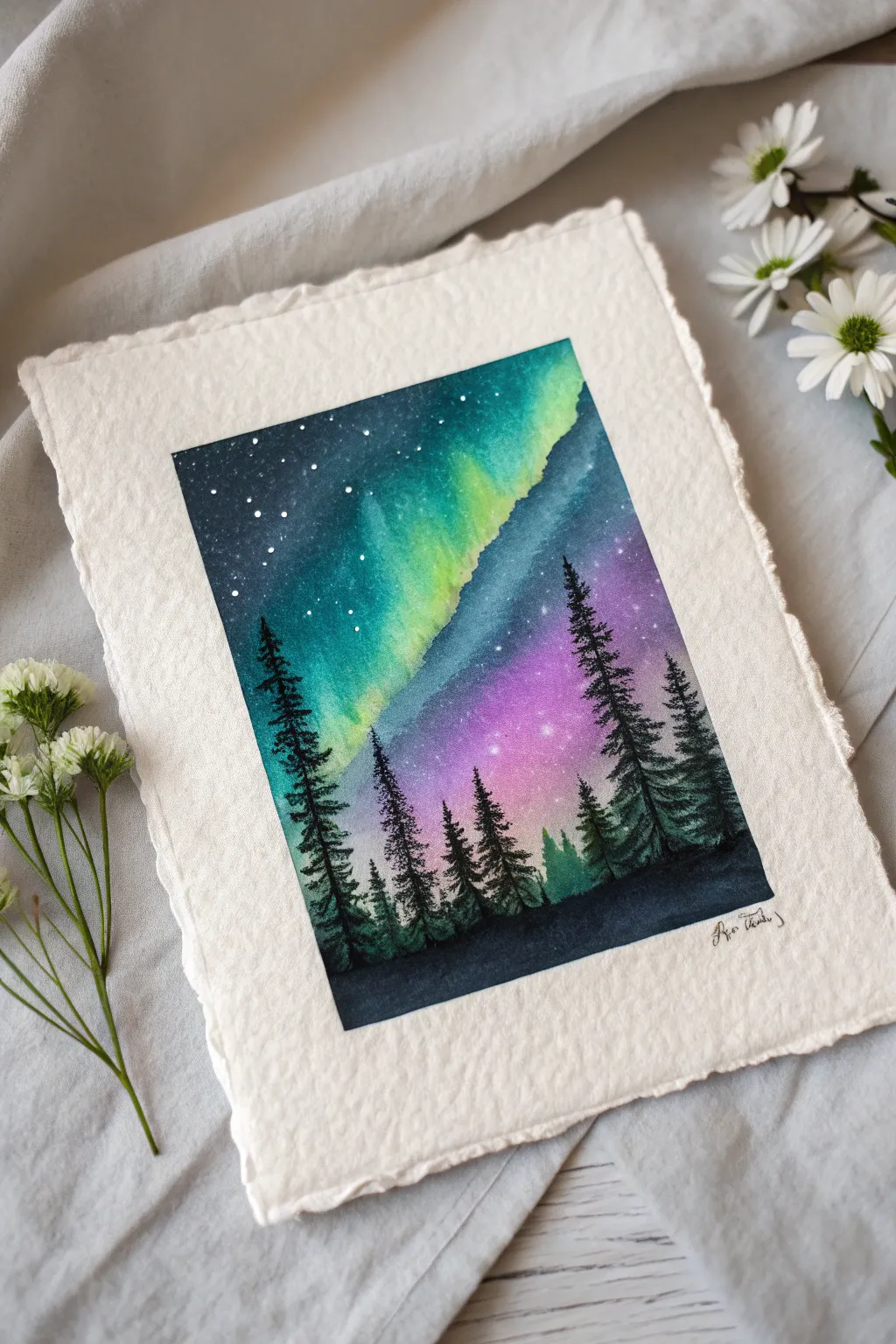 Paint a dreamy aurora with bold pine silhouettes for an easy, glowing night-sky study