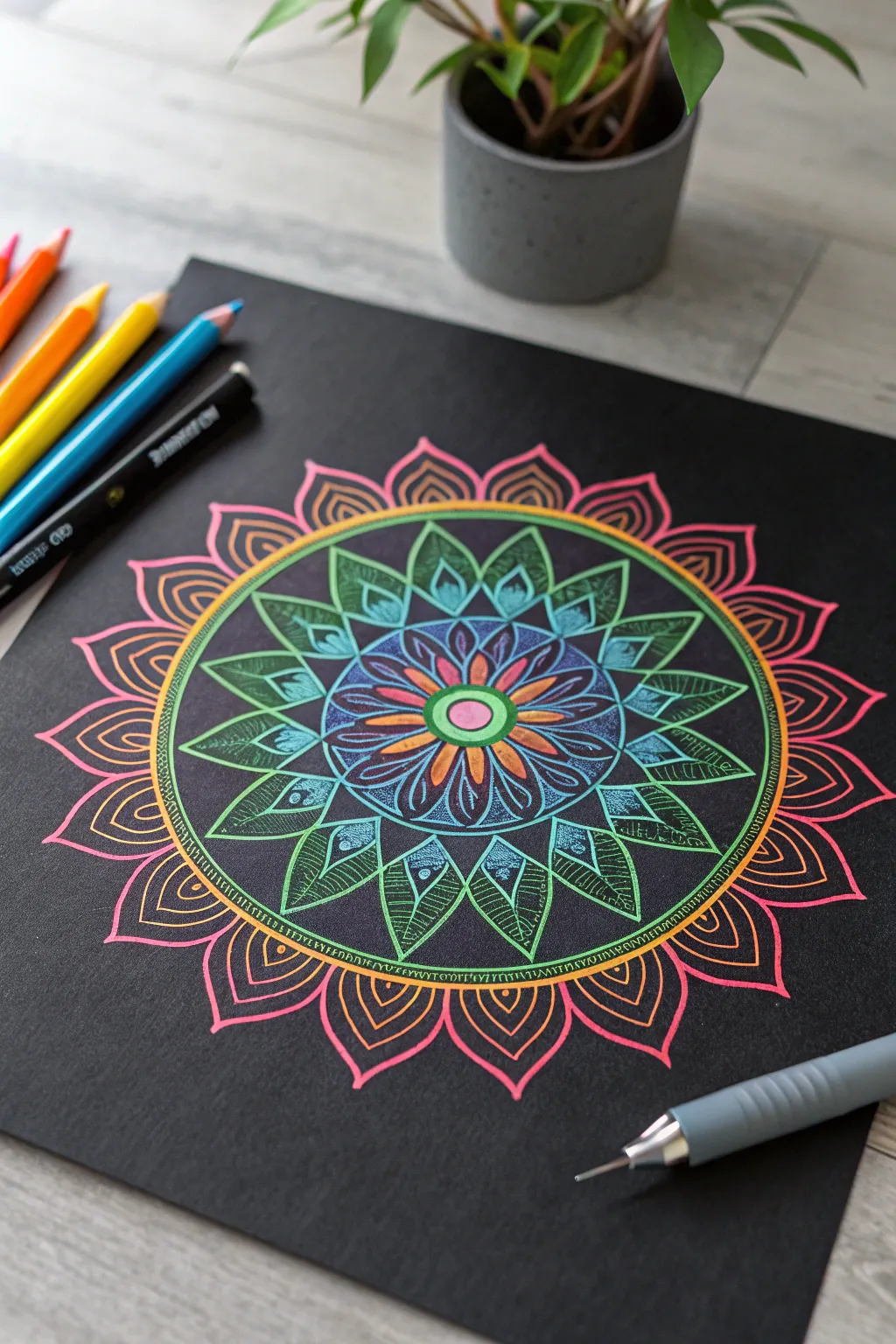 Glowing rainbow mandala circle with crisp petals and geometric rhythm on a deep dark background.