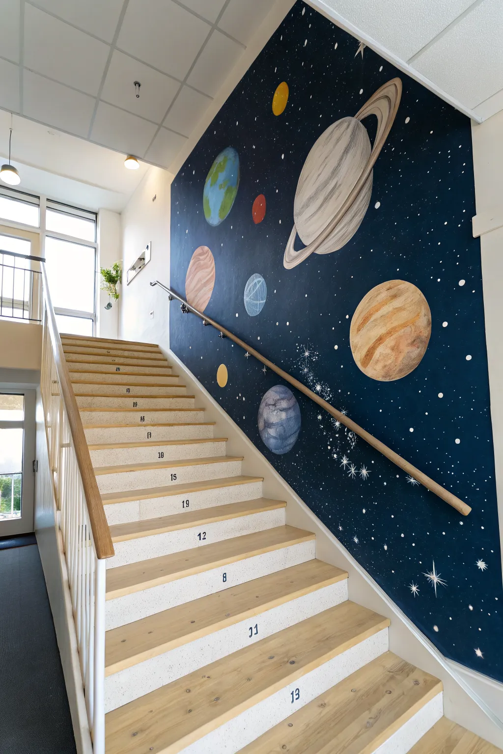 Staircase solar system mural: planets rising step by step on a deep blue starry wall