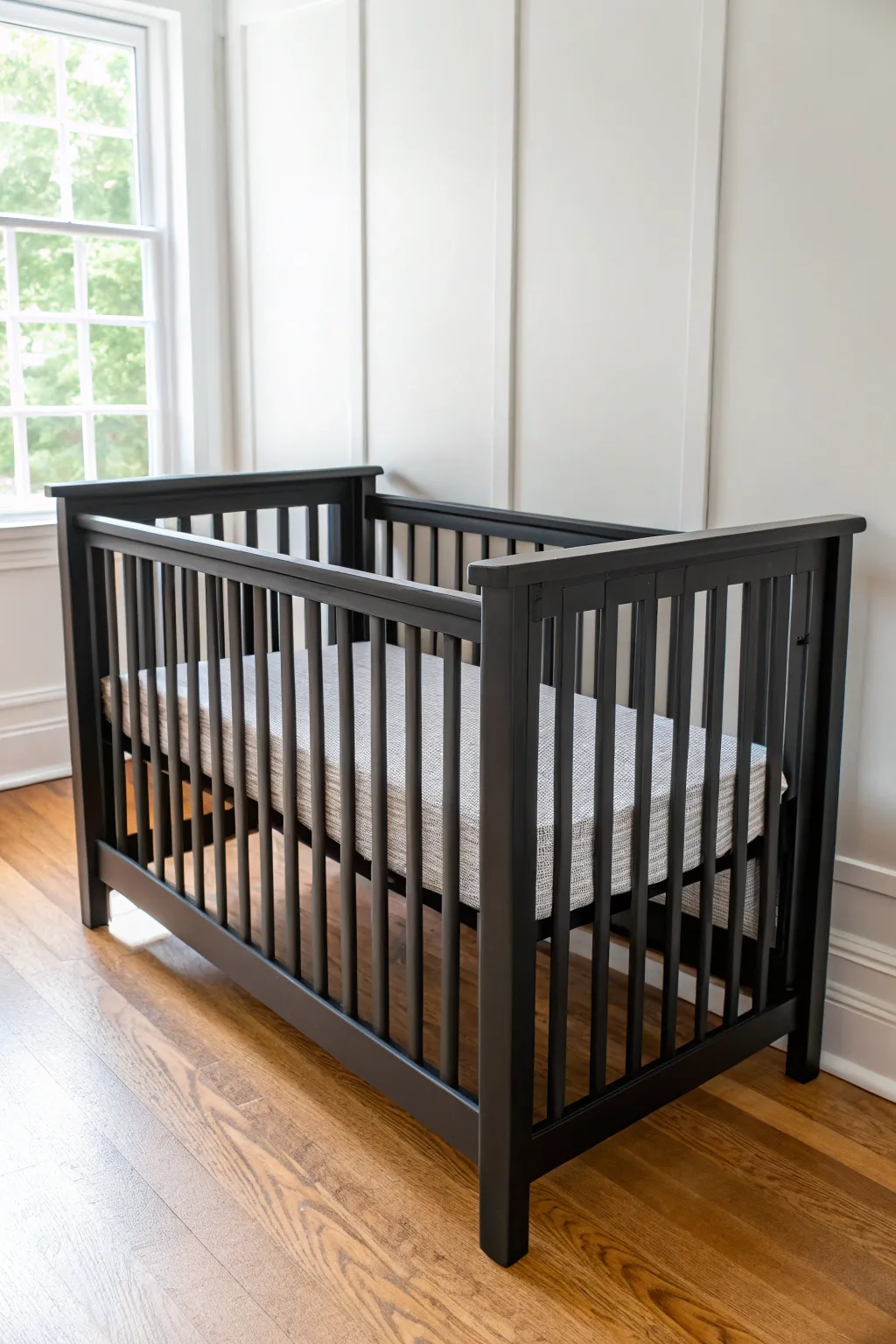 Matte black crib statement with crisp contrast and velvety charcoal texture on the spindles