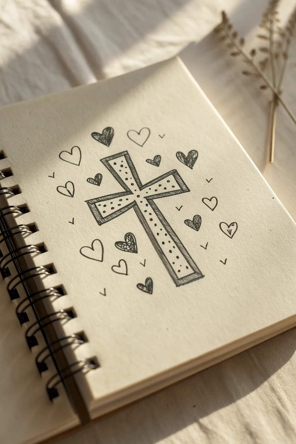 Minimal devotional doodle: a clean hand-drawn cross surrounded by tiny hearts in a sketchbook.