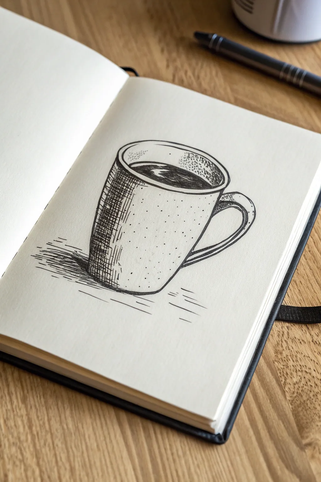 Cross-hatch a simple mug study with a clean rim ellipse and rich shadows inside the cup