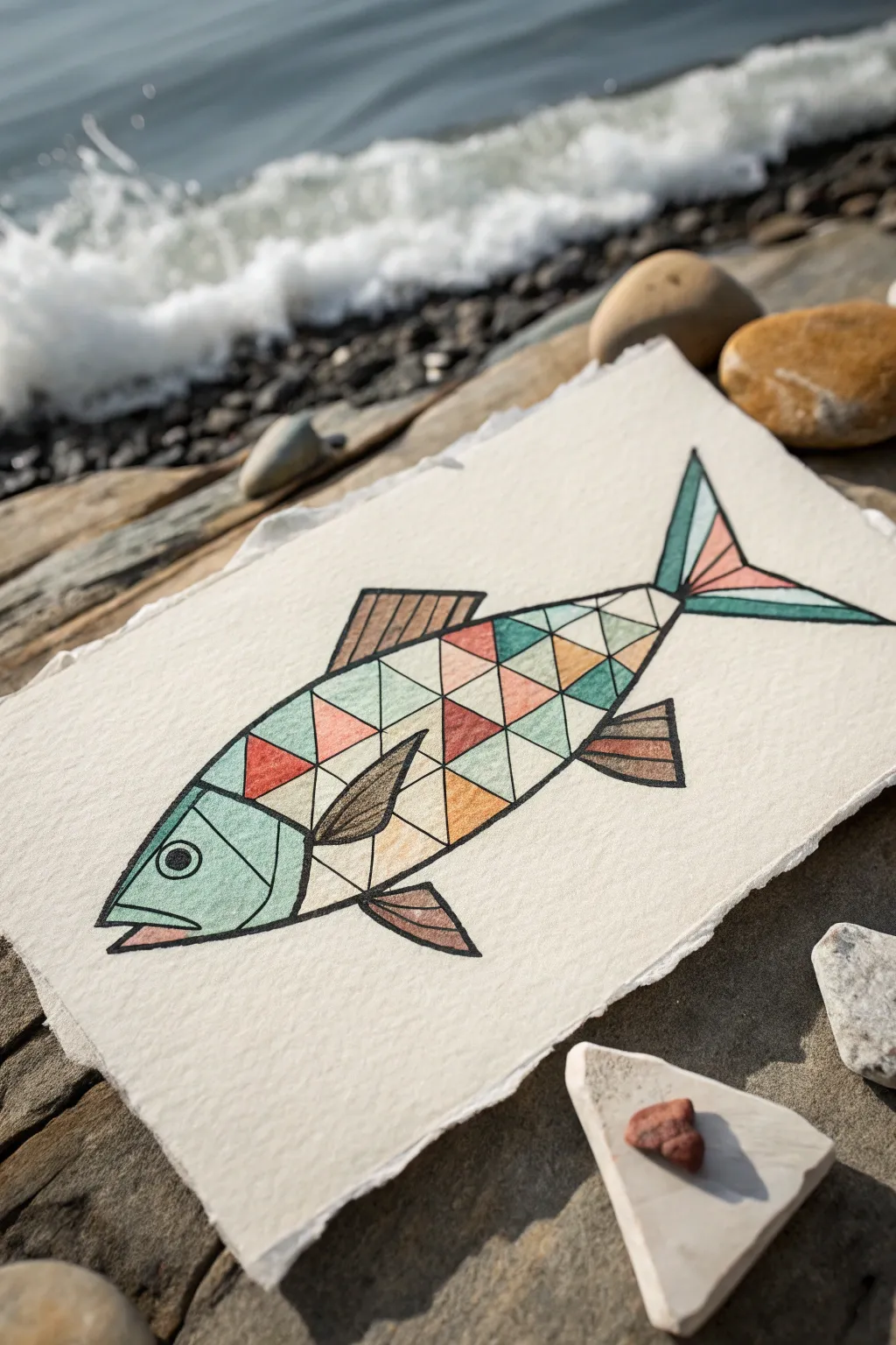 Cubist fish in stained-glass shapes with bold black lines and calm Scandinavian boho color blocks