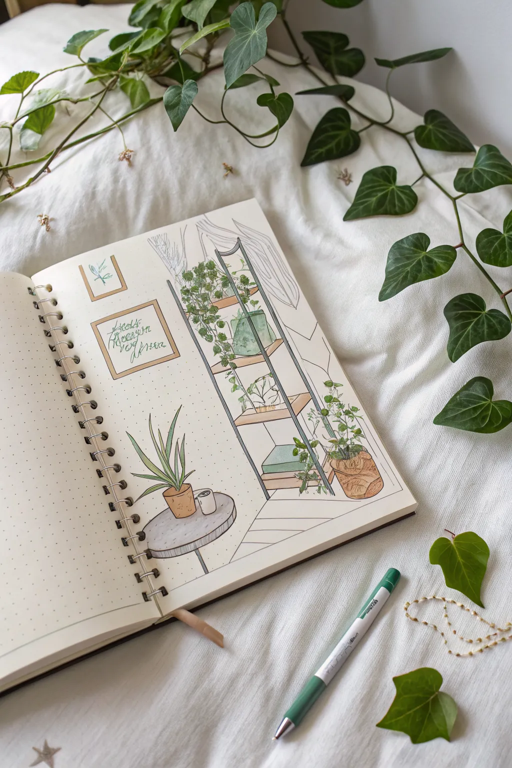 Cozy bedroom corner sketch with floating shelves and trailing vines in soft minimalist boho style