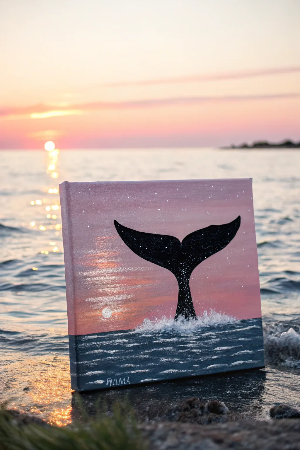 Minimalist whale tail silhouette on canvas with sunset gradient and sparkling ocean highlights.