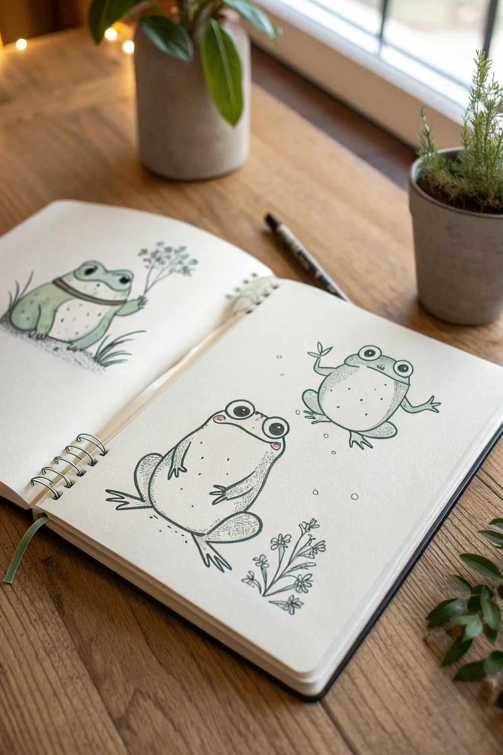 Minimalist sketchbook page with three chubby frogs in silly poses for cute drawing inspo