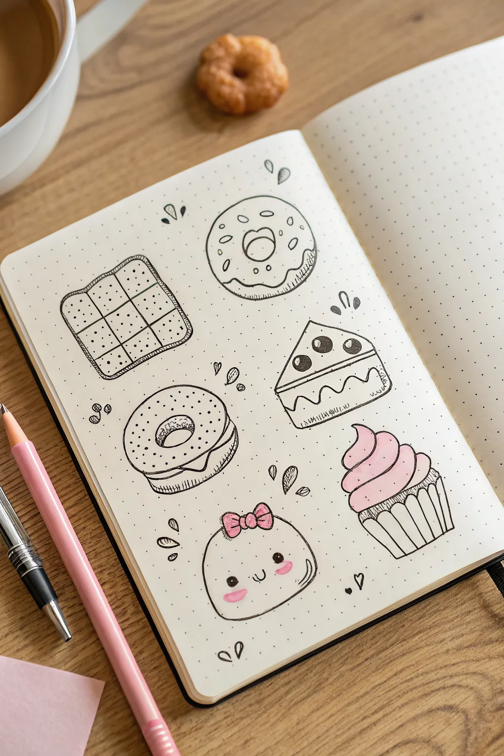 Sweet snack doodle grid with tiny faces, simple lines, and cozy Scandinavian boho charm