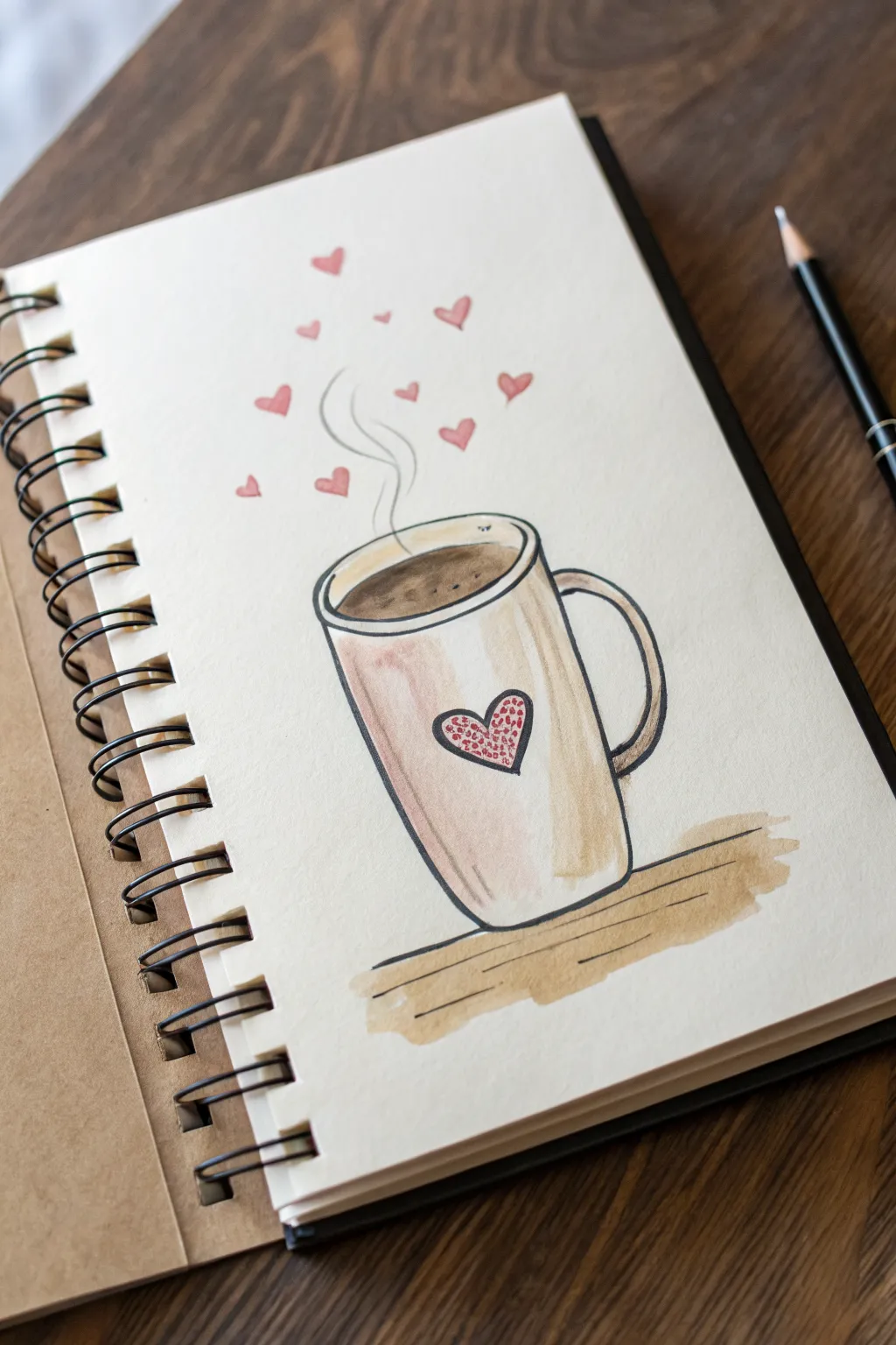 Cozy mug sketch with heart-shaped steam in calm neutrals and a tiny pop of pink