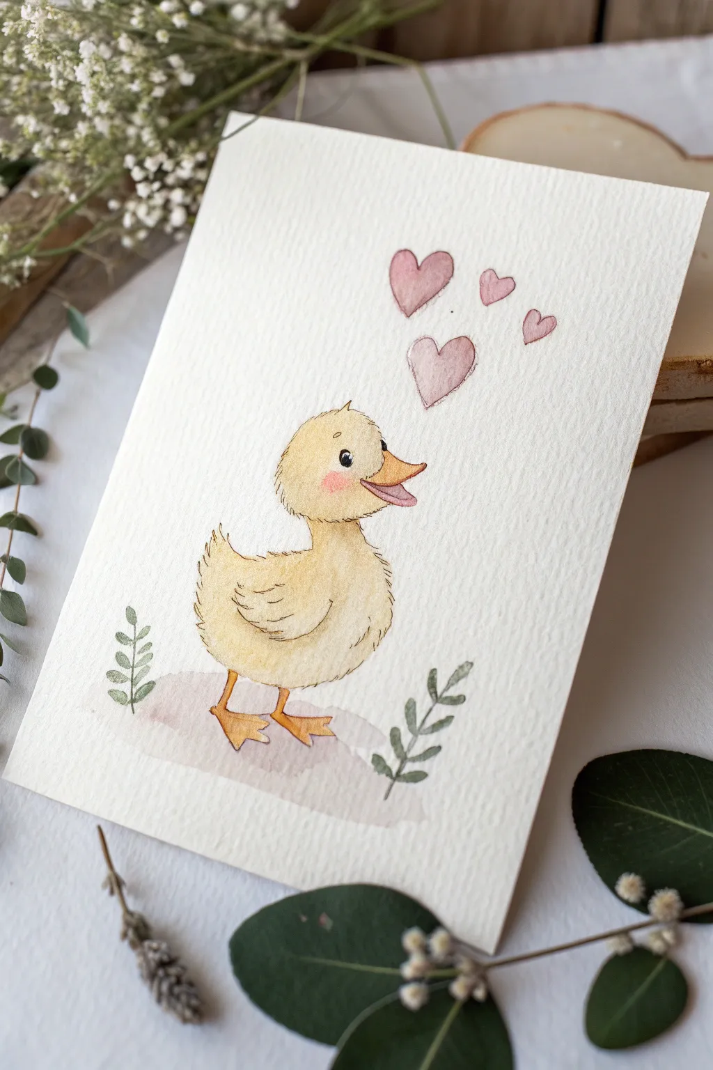 Sweet duckling sketch with floating heart bubbles, minimal lines and soft pastel charm