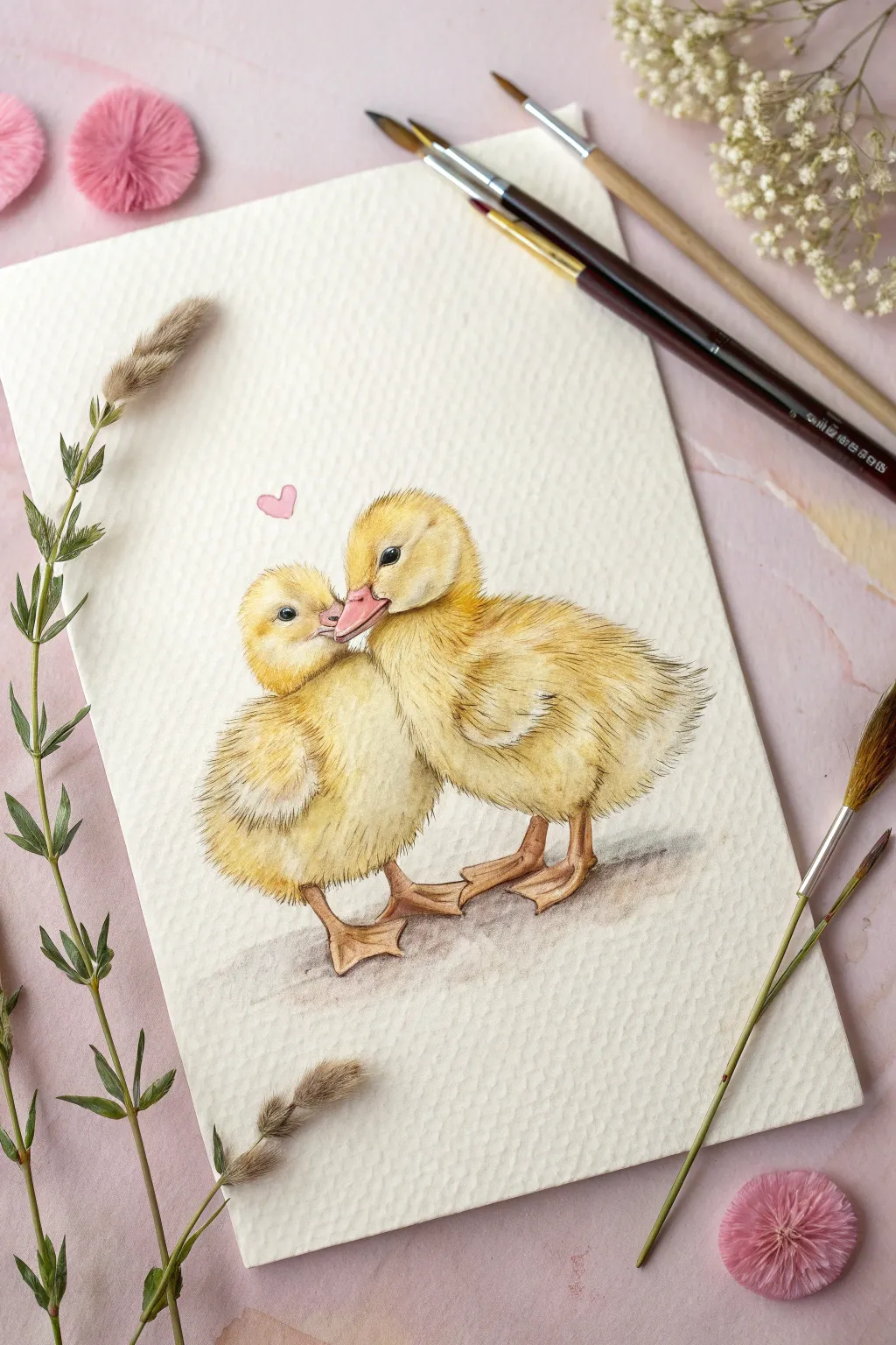 Two cuddly ducklings cheek to cheek on a soft cream-to-blush wash, simple and irresistibly cute