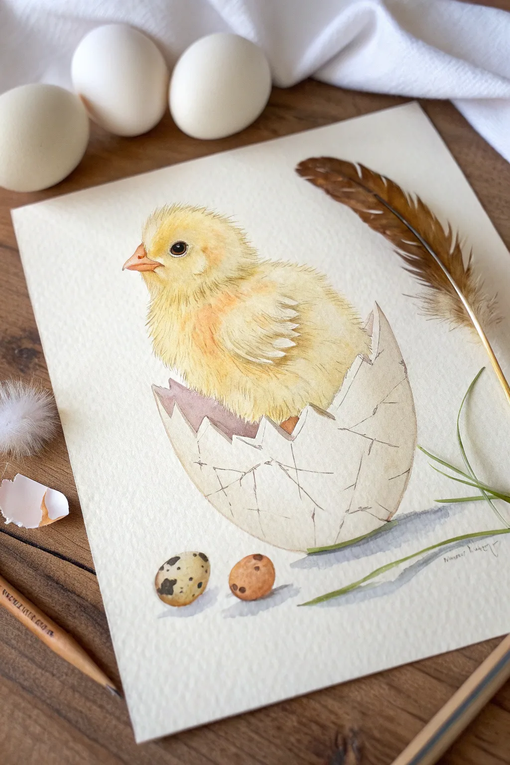 Fluffy baby chick peeking from a cracked eggshell, soft pastel shading and charming shell pieces