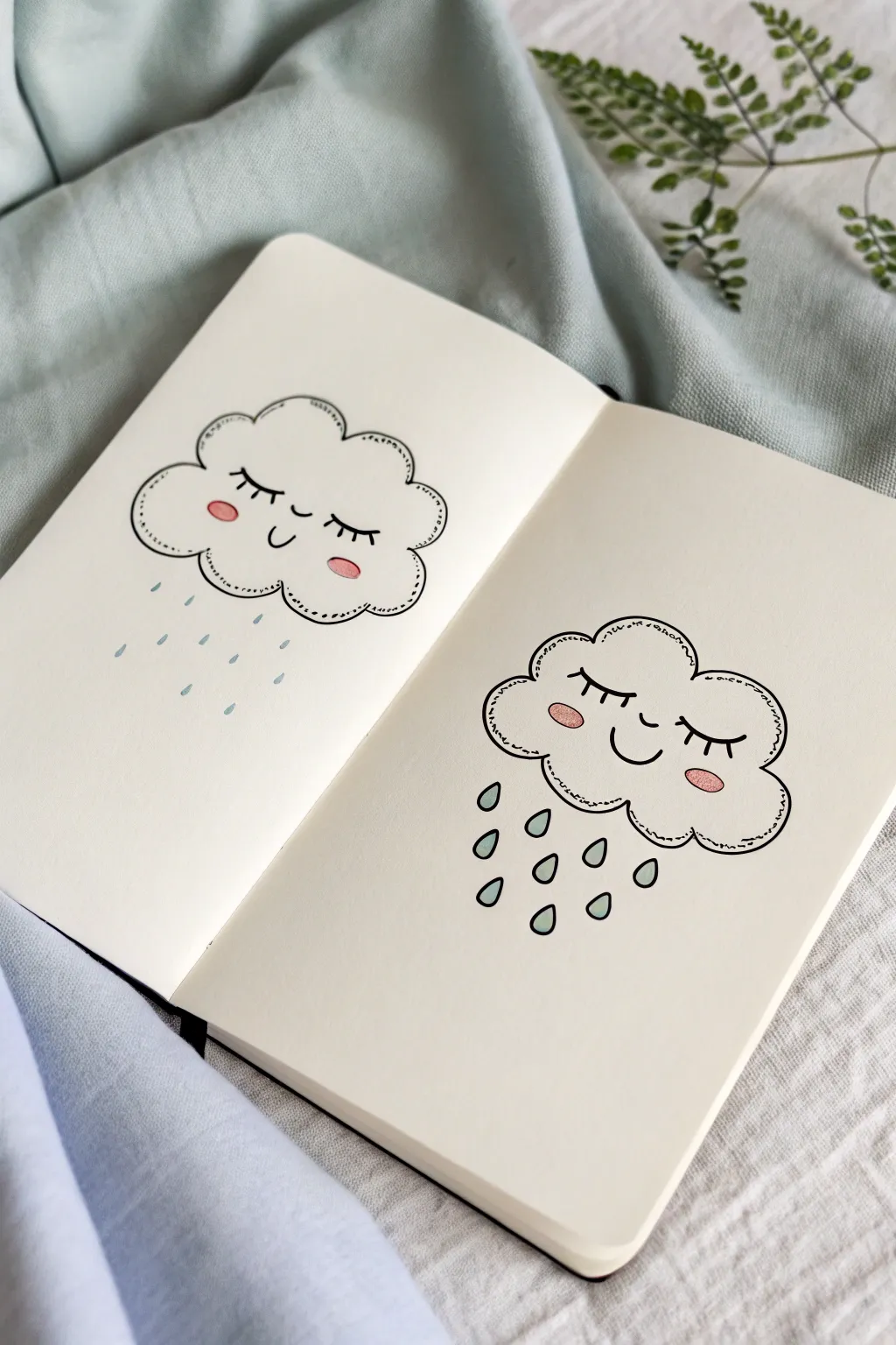 Two sweet cloud doodles with raindrops, minimalist boho style, perfect for easy drawing practice