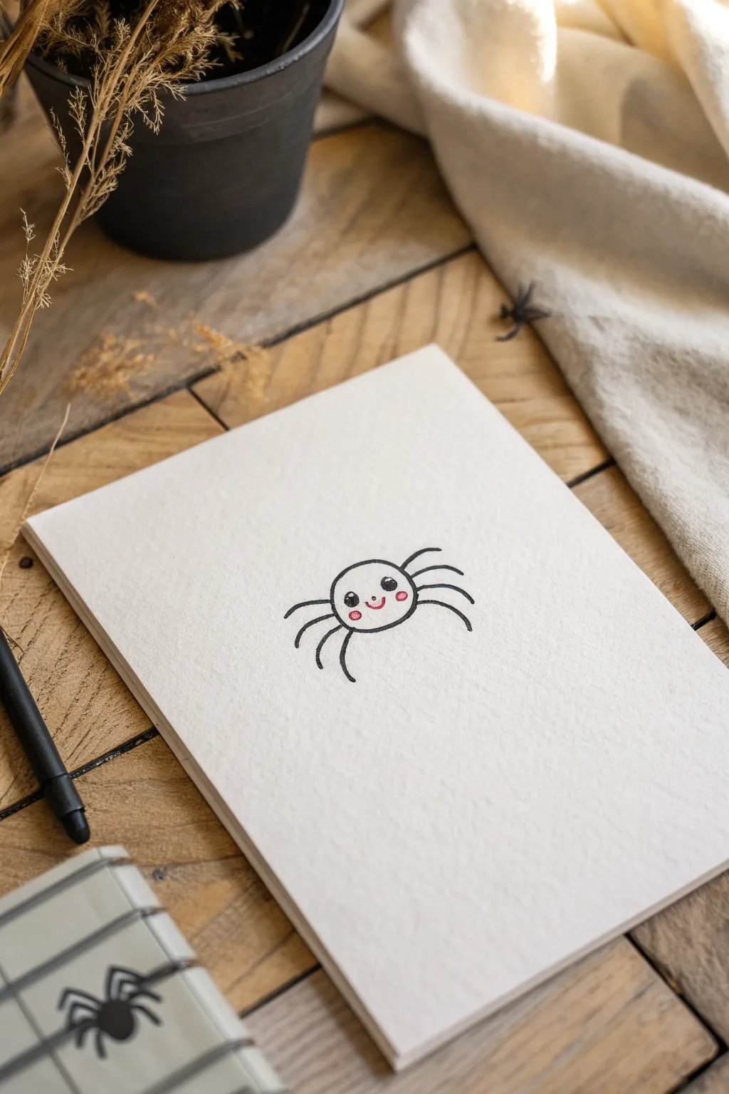 Cute shy spider with rosy cheeks, an easy minimalist Halloween doodle anyone can draw