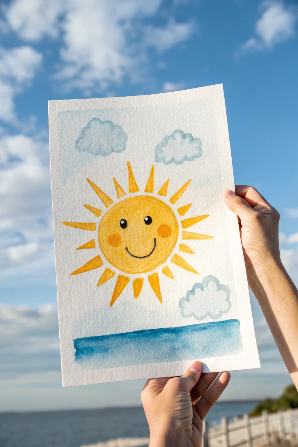 A sweet smiling sun with fluffy clouds on baby-blue sky, a cute and easy beginner painting idea