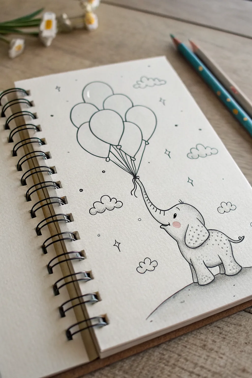 Draw a tiny floating elephant lifted by soft pastel balloons, with clouds and sparkles.