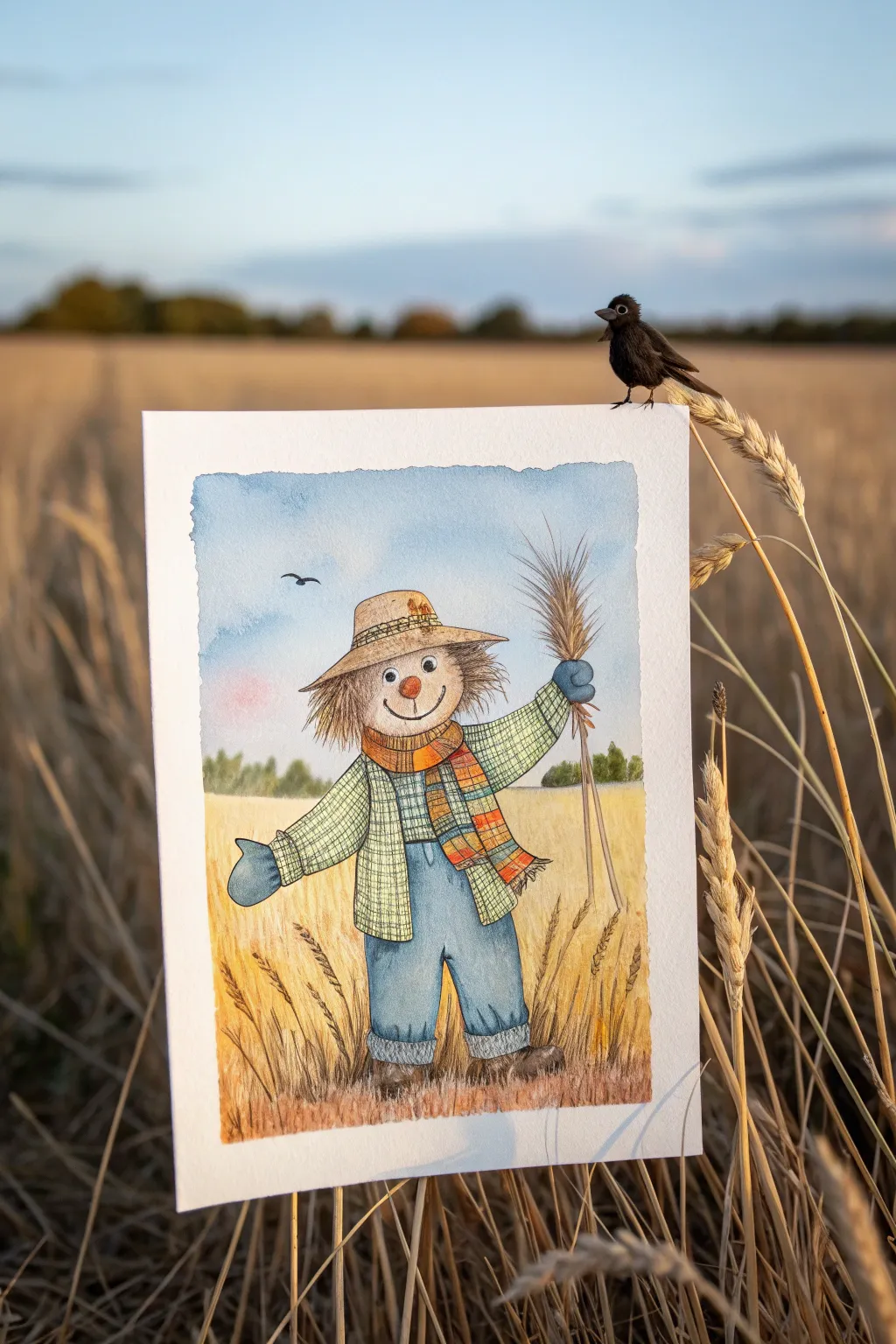 Friendly scarecrow with a tiny crow bestie, painted in cozy fall tones with minimalist charm.
