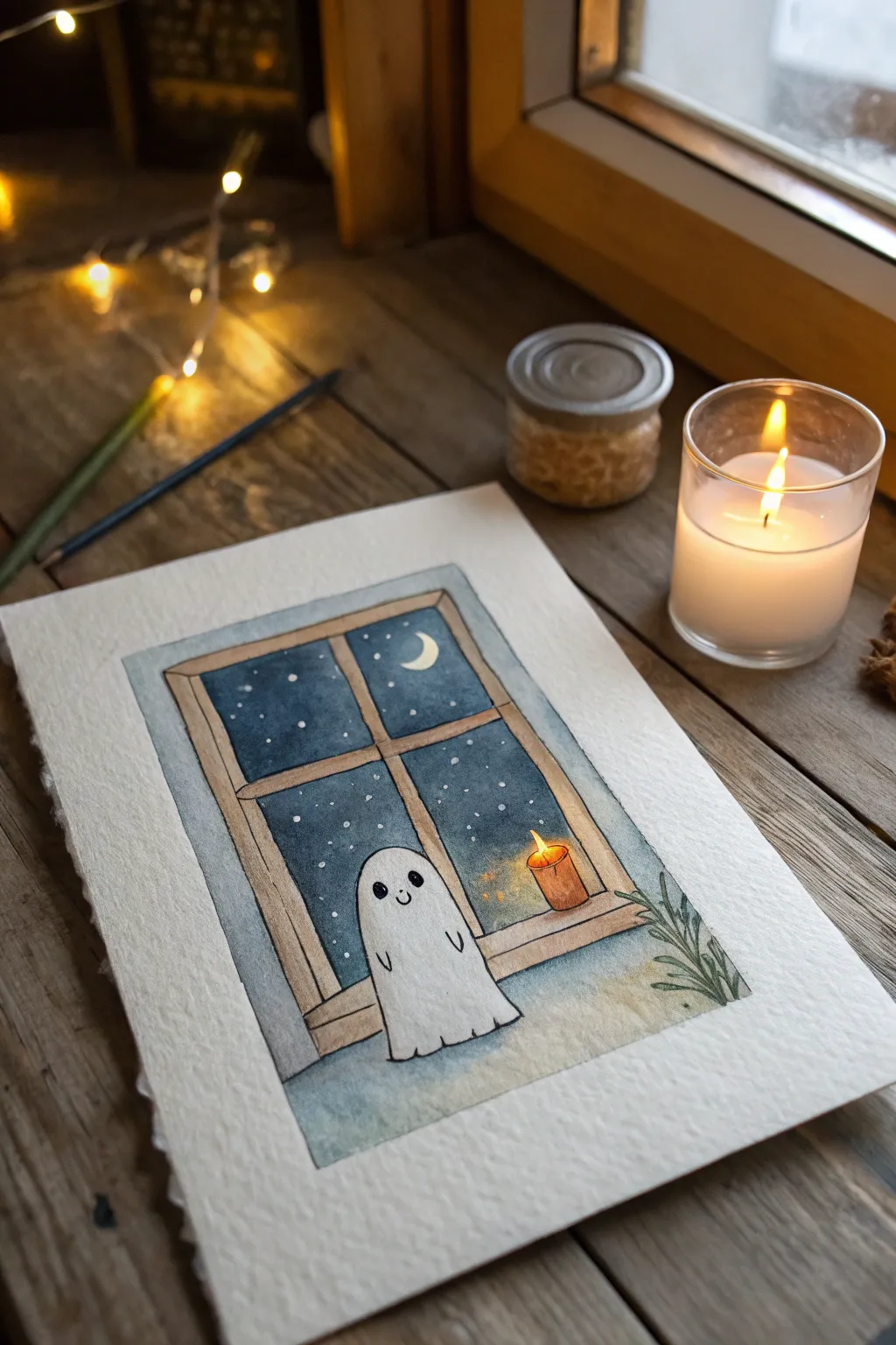 Cozy candlelit window scene with a sweet ghost, minimal lines, warm glow, and calm contrast