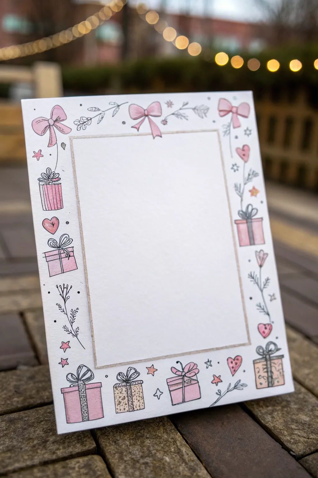 Mini gift doodles frame a blank card, perfect for cute handmade borders and sweet notes.