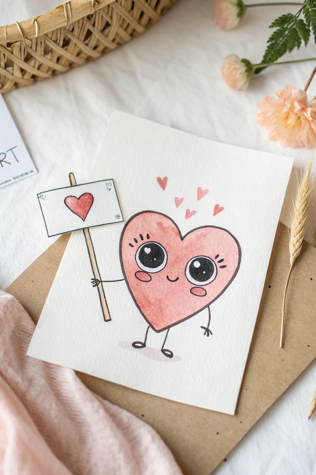 Kawaii heart character holding a tiny sign, perfect minimalist-boho Mothers Day drawing inspiration