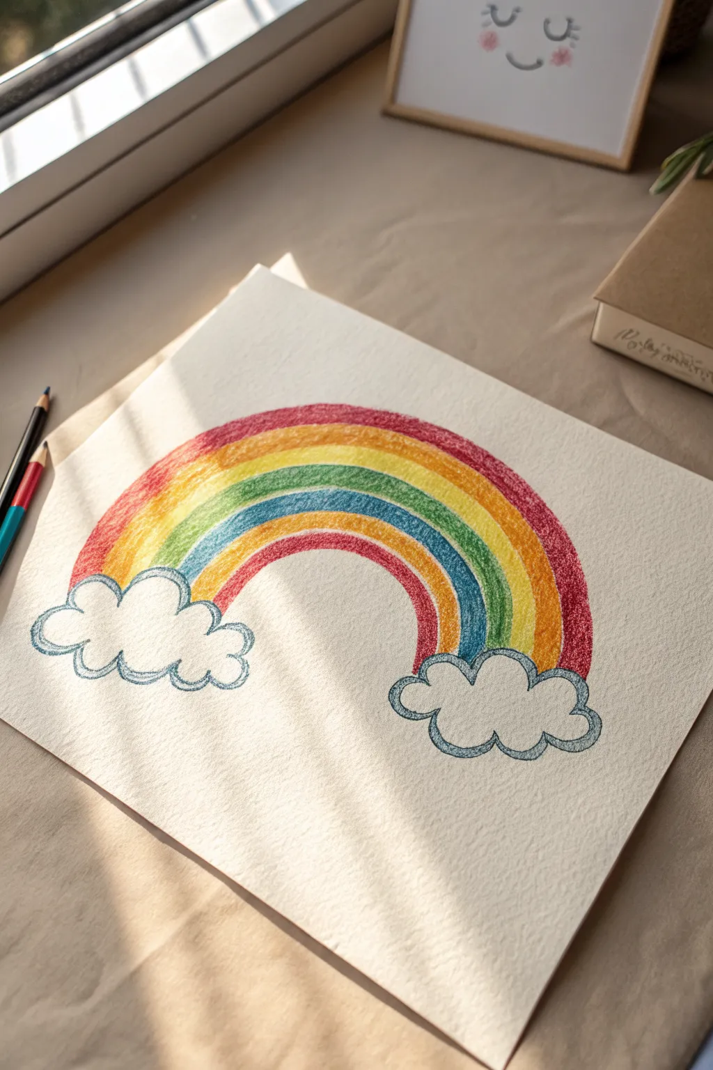 Chunky oil pastel rainbow with fluffy clouds, minimal boho vibe, bright blocks and soft blending