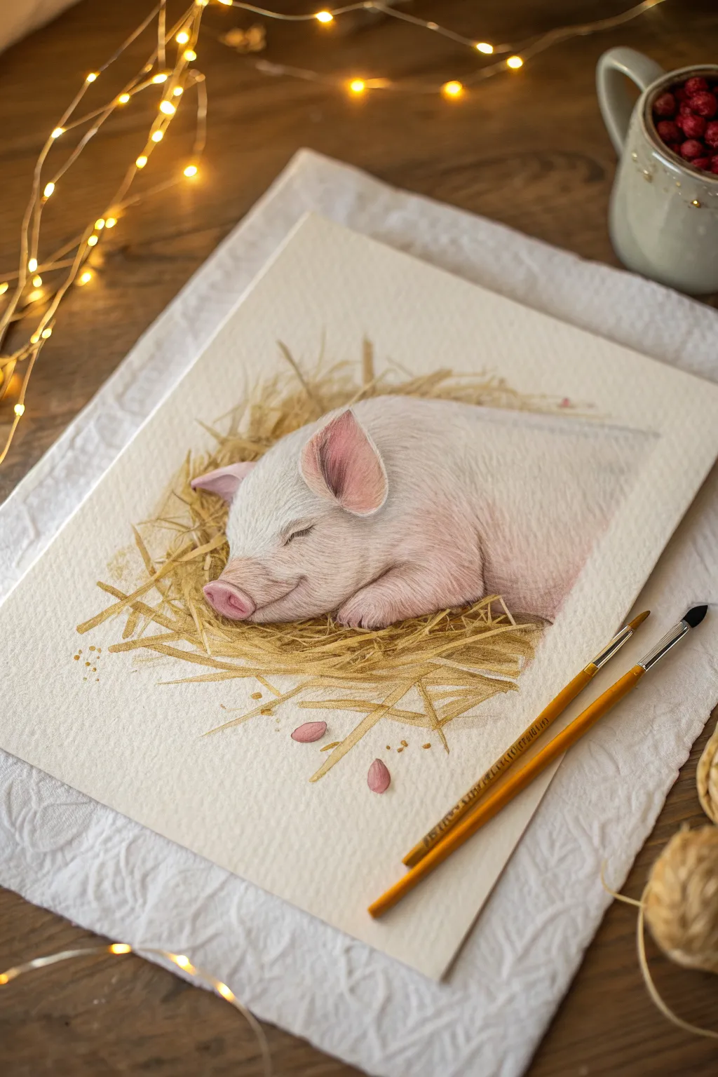 Sleeping piglet in golden straw, a cozy minimalist painting idea with warm, gentle contrast