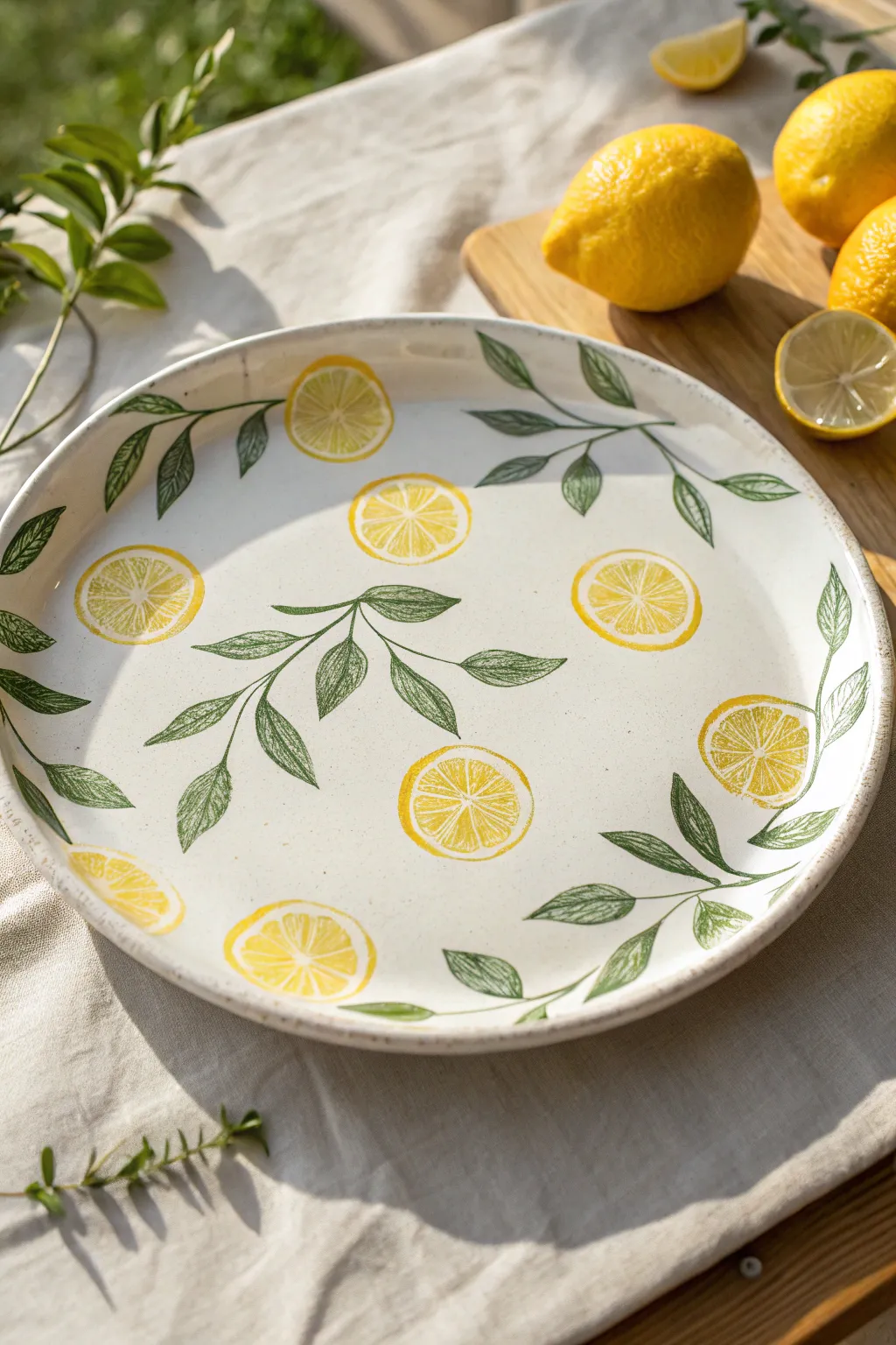 Bright lemon slices and tiny leaves on a clean white plate for an easy, sunny pottery design