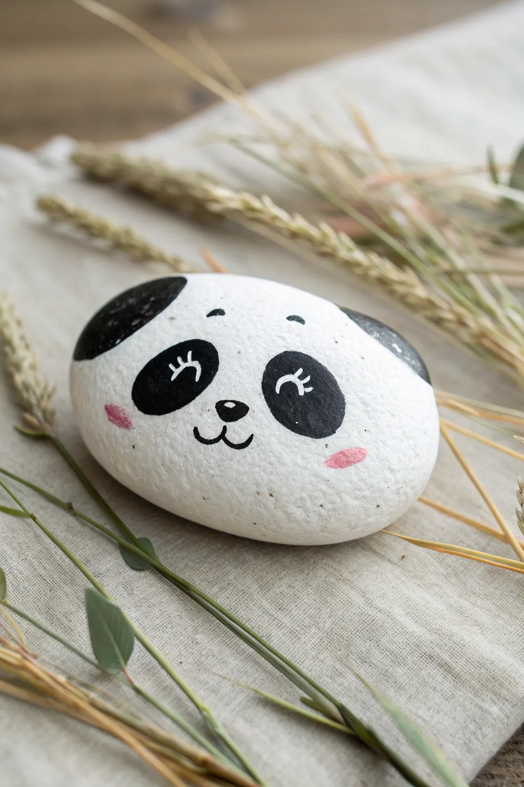 Chubby panda rock with bold eye patches and clean minimalist details, softly styled in boho neutrals.