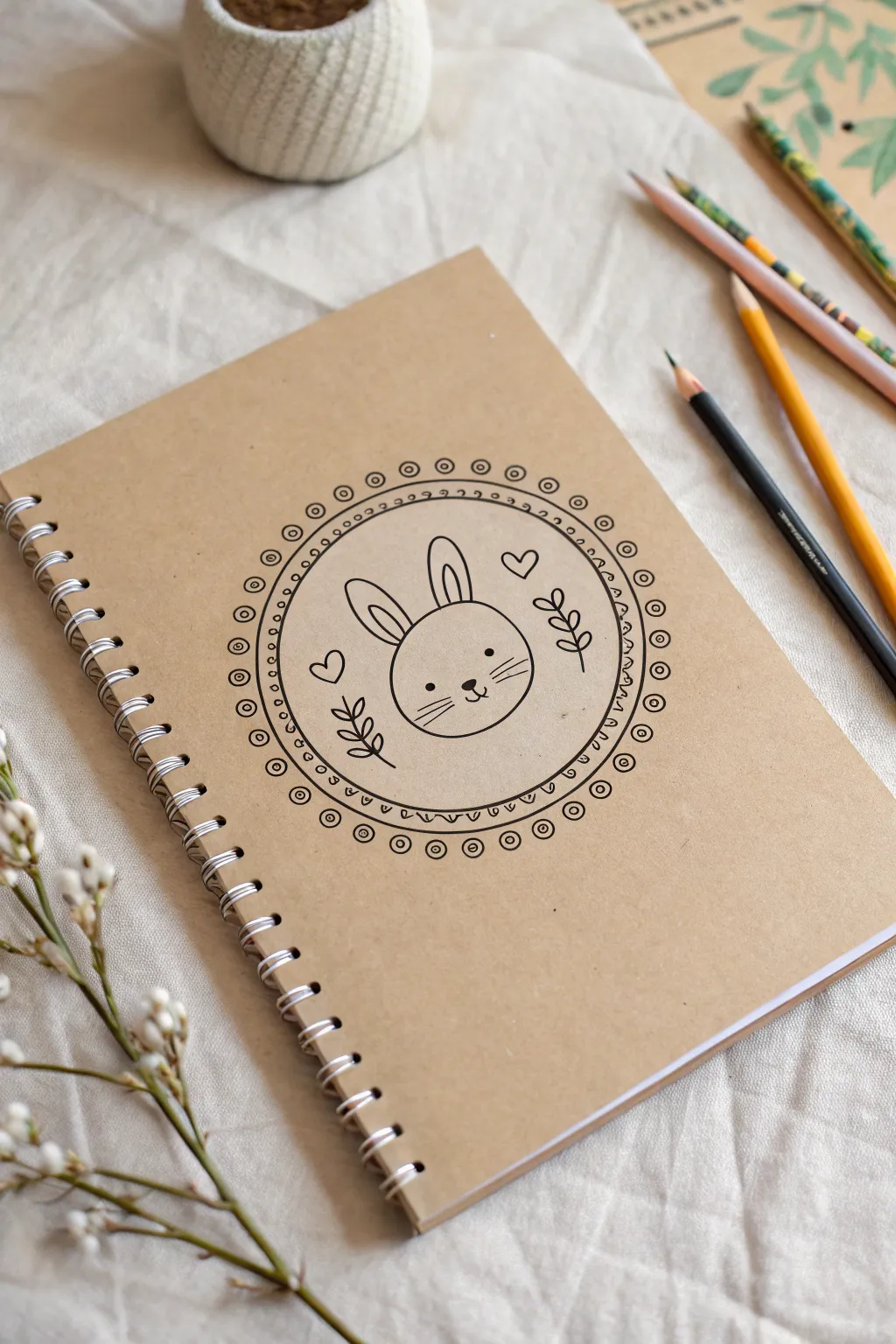 Minimal medallion animal face sketchbook cover with soft pencils for a sweet DIY vibe